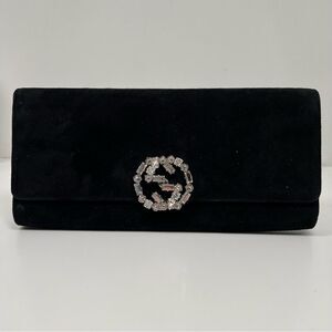 GUCCI Vintage GG Logo Clutch Bag Pouch Crystal Rhinestone Black Silver Suede